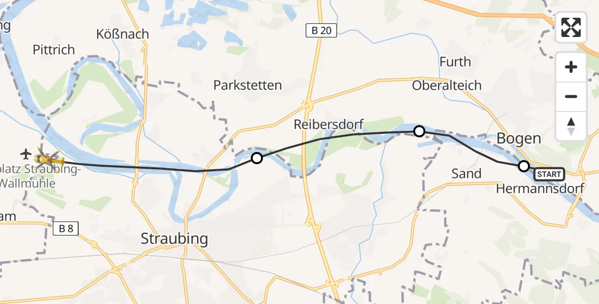 Flugroute Rettungshubschrauber Bogen - Straubing, 03 Mai 2026, 16:31