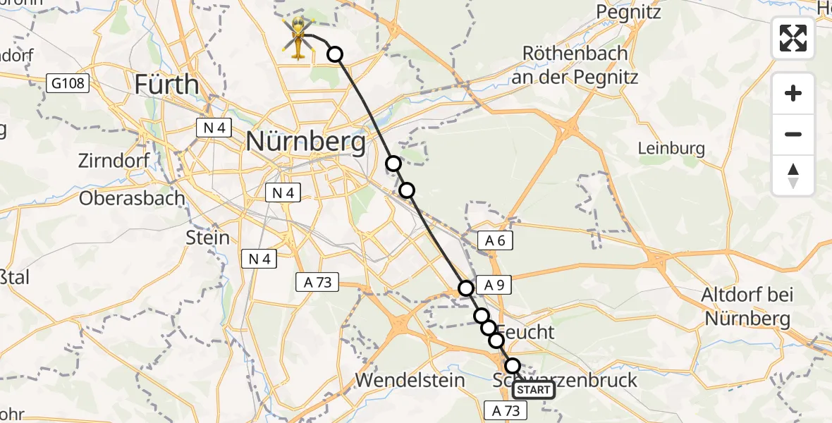 Flugroute Rettungshubschrauber Schwarzenbruck - Flughafen Nuremberg, 03 Mai 2026, 16:34