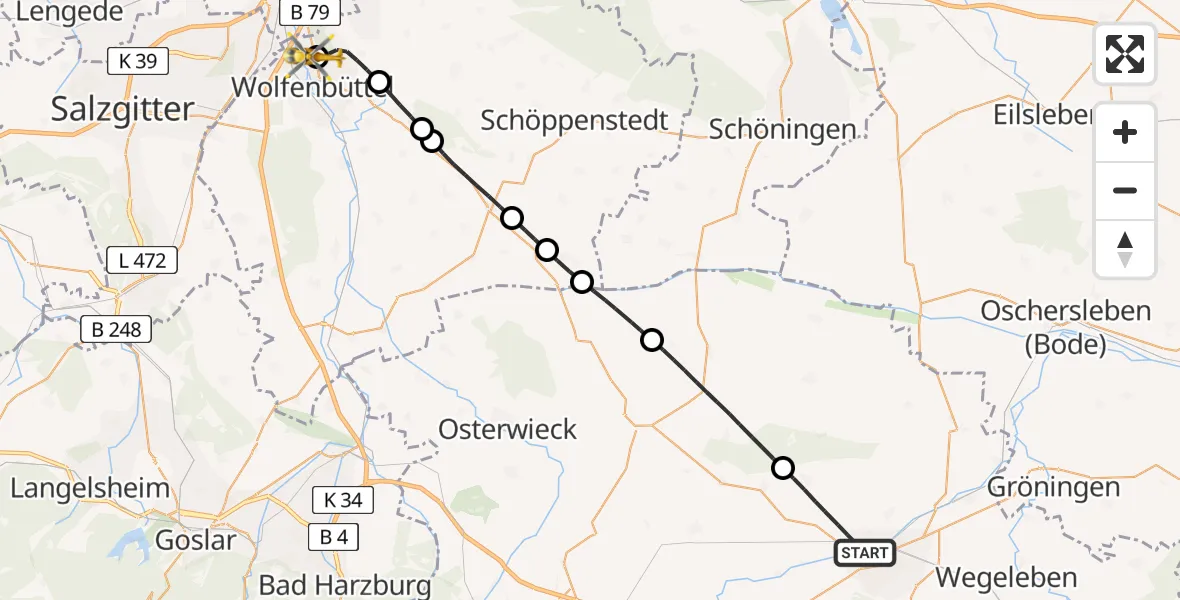 Flugroute Rettungshubschrauber Halberstadt - Wolfenbüttel Municipal Hospital Heliport (Christoph 30), 03 Mai 2026, 16:36