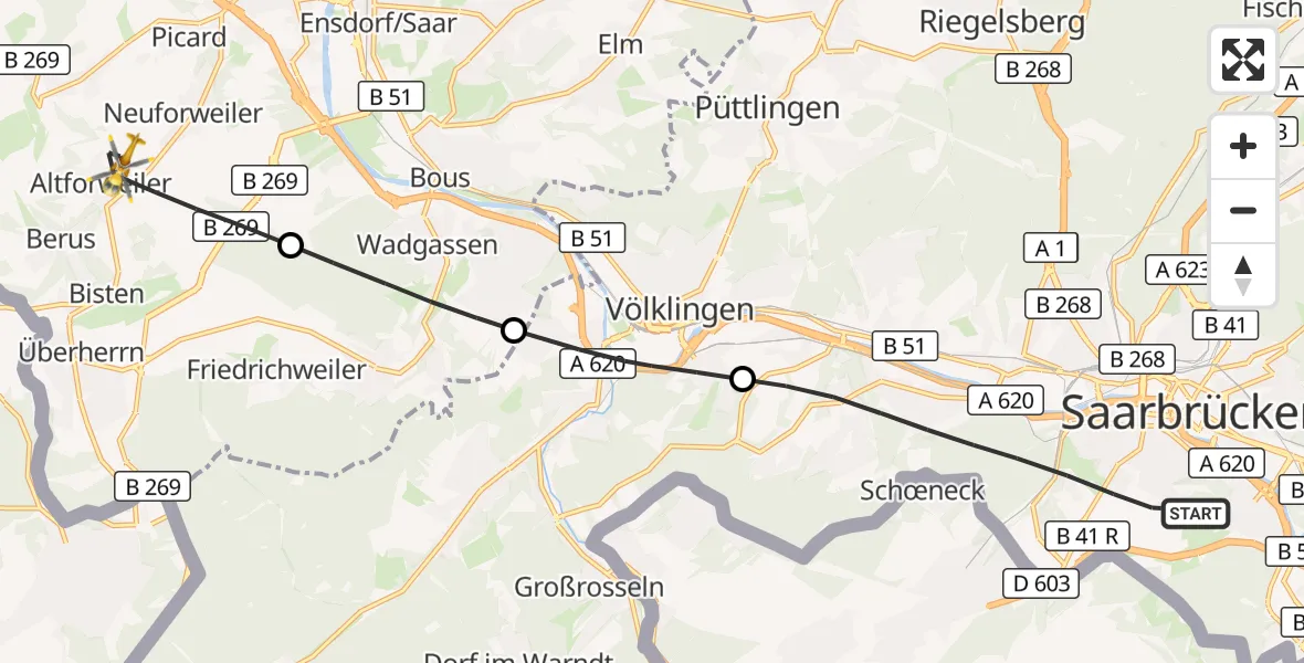 Flugroute Rettungshubschrauber Saarbrücken - Überherrn, 03 Mai 2026, 16:37