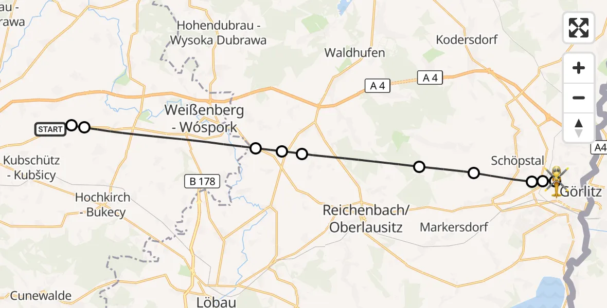 Flugroute Rettungshubschrauber Bautzen Flugplatz - Görlitz Hospital, 03 Mai 2026, 16:44