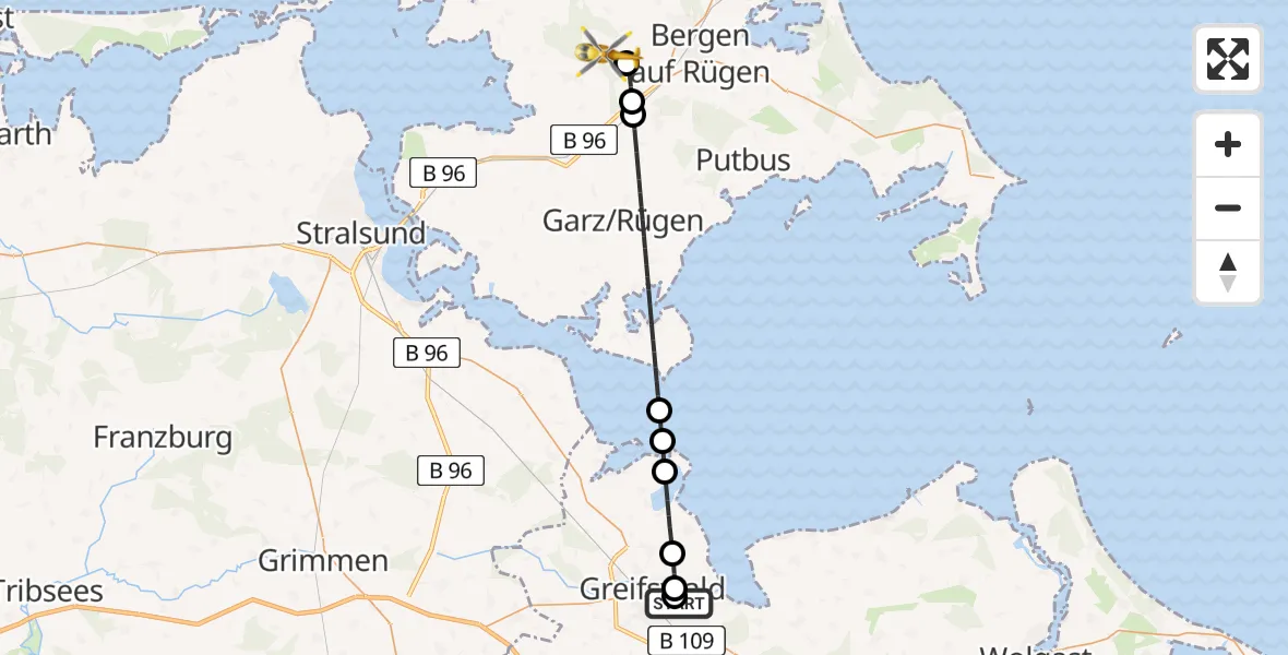 Flugroute Rettungshubschrauber Greifswald Hospital - Parchtitz, 03 Mai 2026, 16:51