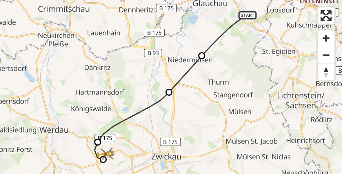 Flugroute Rettungshubschrauber Glauchau - ADAC Air Rescue Station Zwickau Hubschrauberlandeplatz, 03 Mai 2026, 16:53