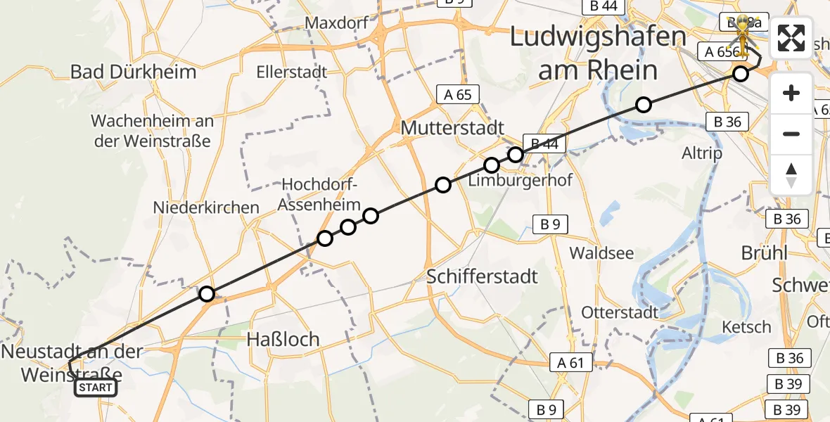 Flugroute Rettungshubschrauber Neustadt an der Weinstraße - Mannheim-City Flughafen, 03 Mai 2026, 16:54