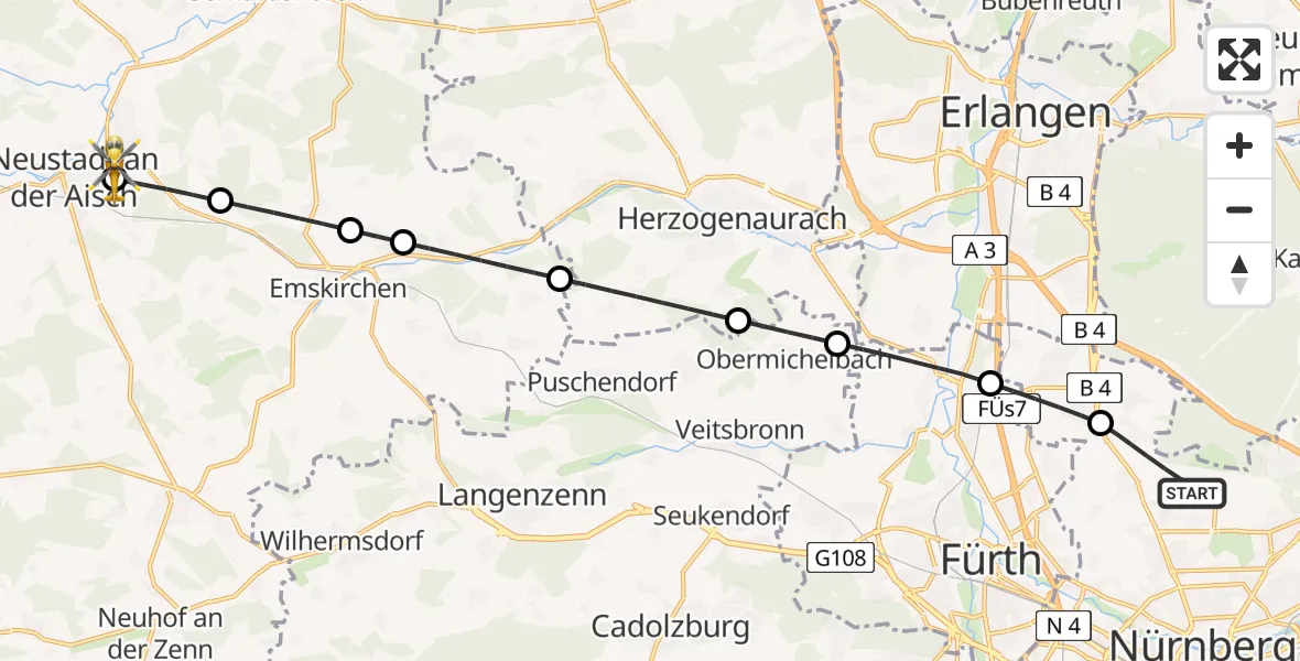 Flugroute Rettungshubschrauber Flughafen Nuremberg - Neustadt Hospital, 03 Mai 2026, 17:06