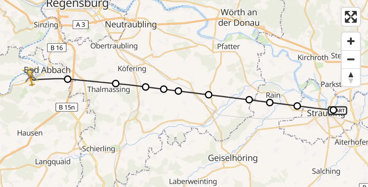 Flugroute Rettungshubschrauber Sankt Elisabeth Hospital Straubing - Bad Abbach, 03 Mai 2026, 17:08