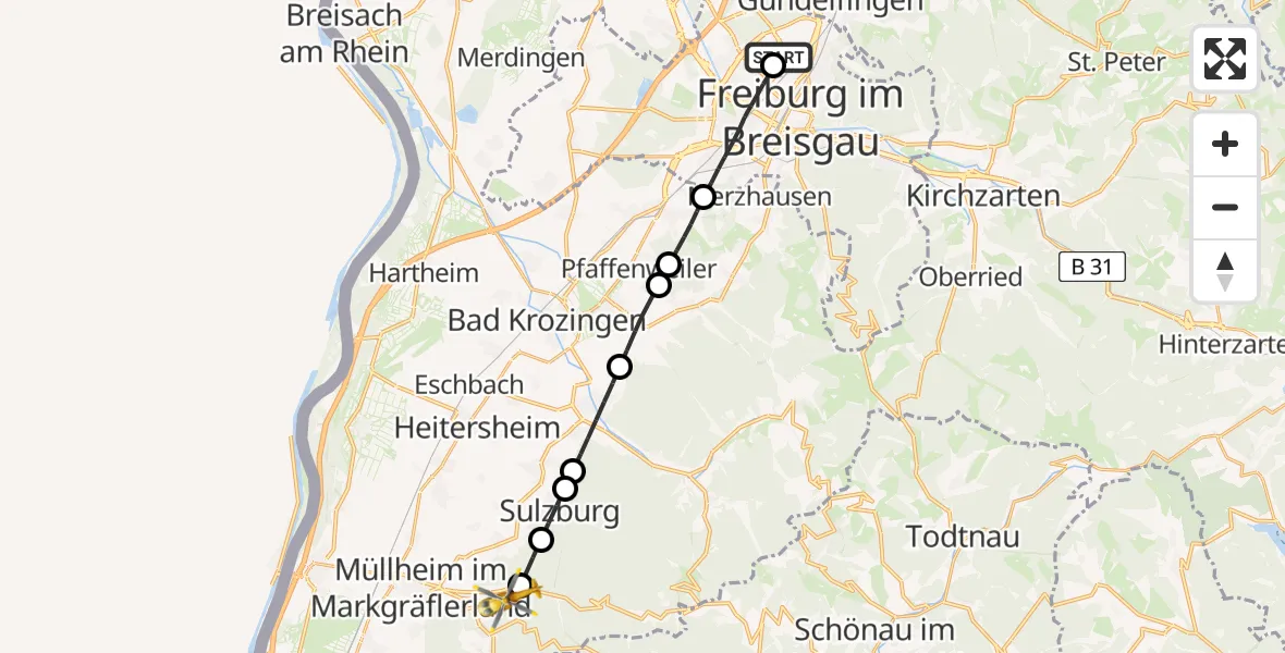 Flugroute Rettungshubschrauber Freiburg im Breisgau Flugplatz - Badenweiler, 03 Mai 2026, 17:09