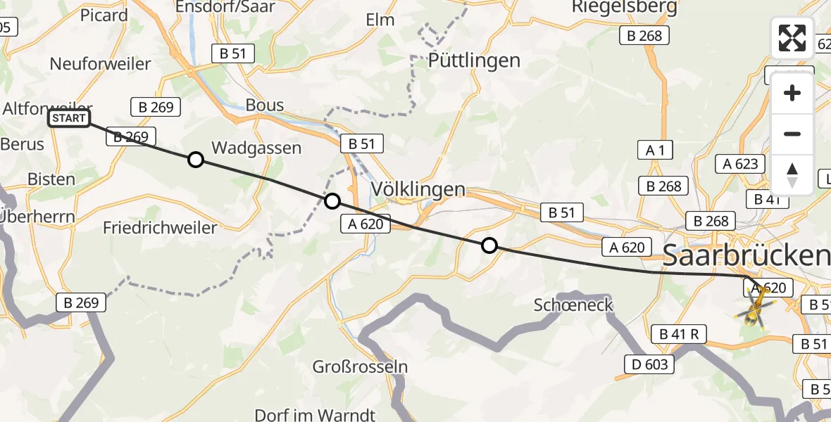 Flugroute Rettungshubschrauber Überherrn - Saarbrücken, 03 Mai 2026, 17:12