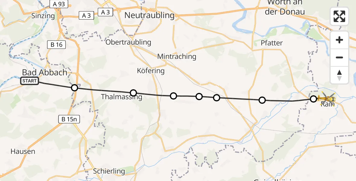 Flugroute Rettungshubschrauber Bad Abbach - Rain, 03 Mai 2026, 17:24