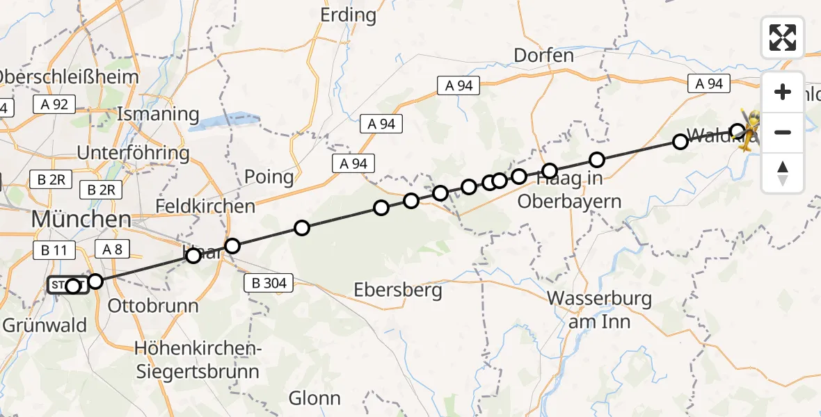 Flugroute Rettungshubschrauber ADAC Air Rescue Center Hubschrauberlandeplatz (Christoph 1) - Waldkraiburg, 03 Mai 2026, 17:35