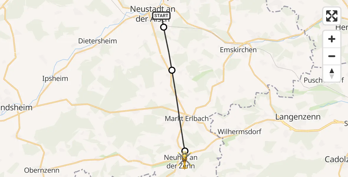Flugroute Rettungshubschrauber Neustadt Hospital - Neuhof a.d.Zenn, 03 Mai 2026, 17:36