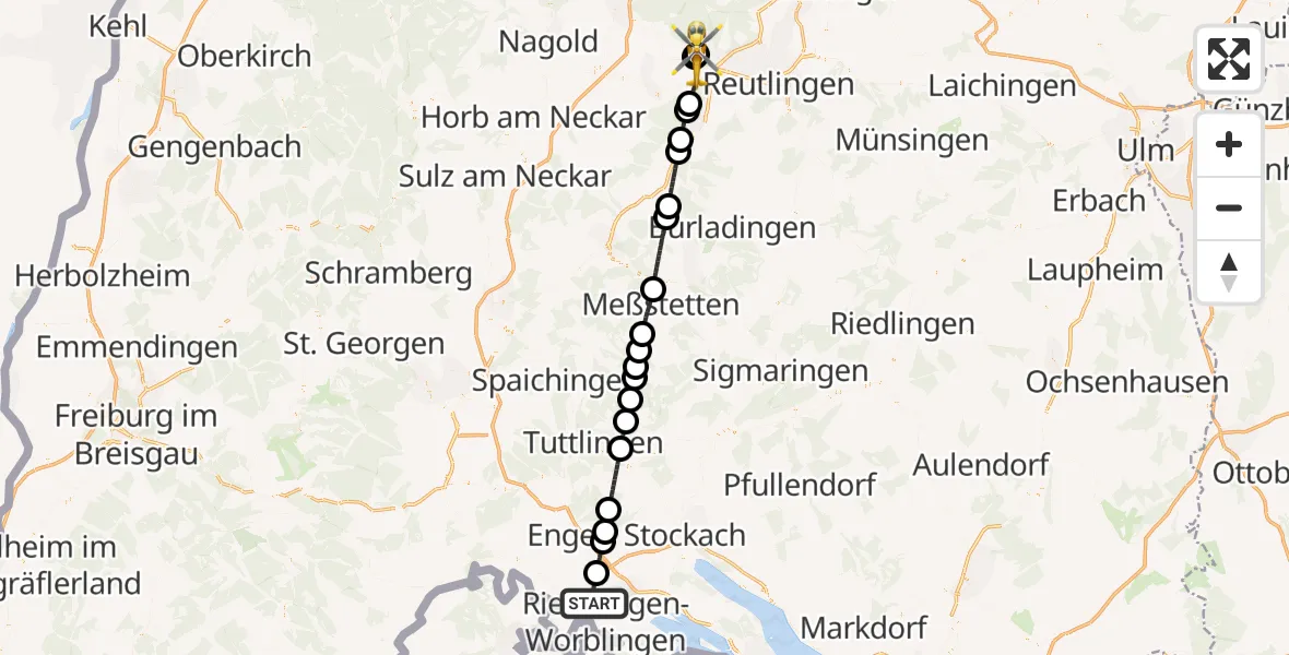 Flugroute Ambulanzhubschrauber Singen (Hohentwiel) - Tübingen University Hospital, 03 Mai 2026, 17:43