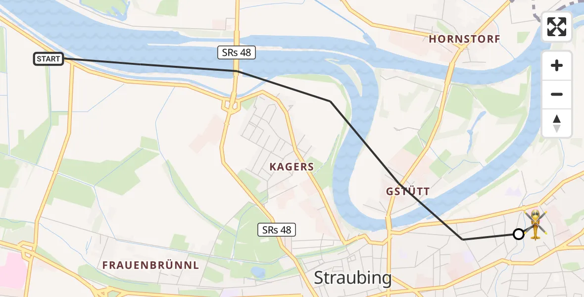 Flugroute Rettungshubschrauber Straubing - Sankt Elisabeth Hospital Straubing, 03 Mai 2026, 17:45