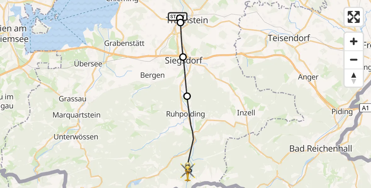 Flugroute Rettungshubschrauber Traunstein Hospital - Ruhpolding, 03 Mai 2026, 17:45
