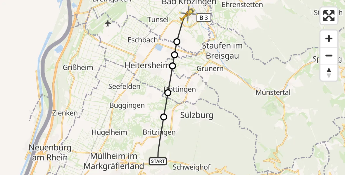 Flugroute Rettungshubschrauber Müllheim im Markgräflerland - Bad Krozingen, 03 Mai 2026, 17:46