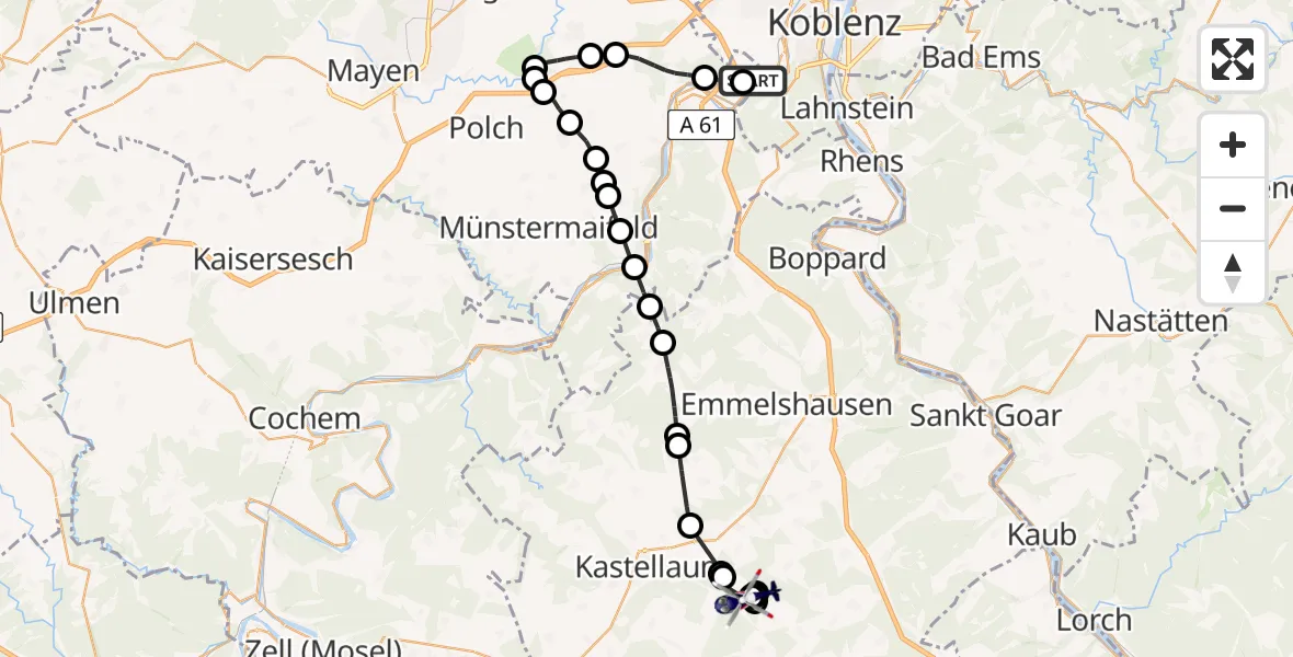 Flugroute Polizeihubschrauber Koblenz-Winningen Flugplatz - Laubach, 03 Mai 2026, 18:07