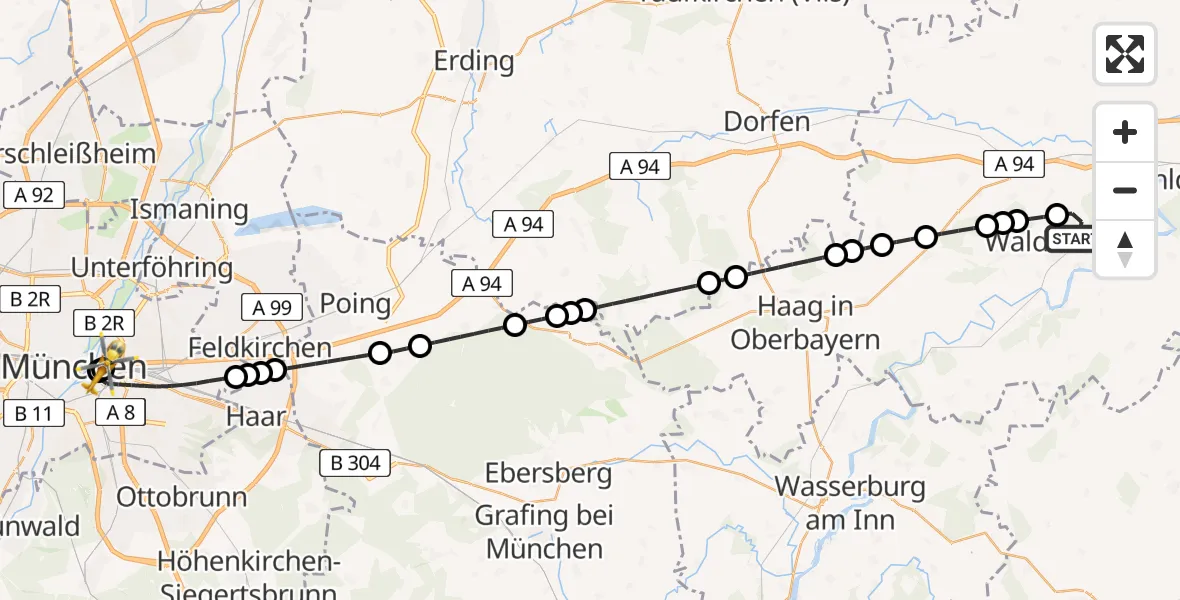 Flugroute Rettungshubschrauber Waldkraiburg - Rechts der Isar University Hospital, 03 Mai 2026, 18:10