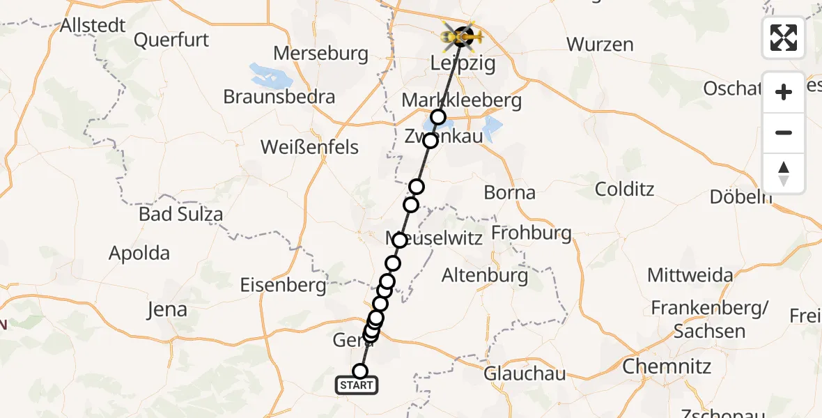 Flugroute Ambulanzhubschrauber Berga-Wünschendorf - Sankt Georg Hospital Leipzig Reserve, 03 Mai 2026, 18:10