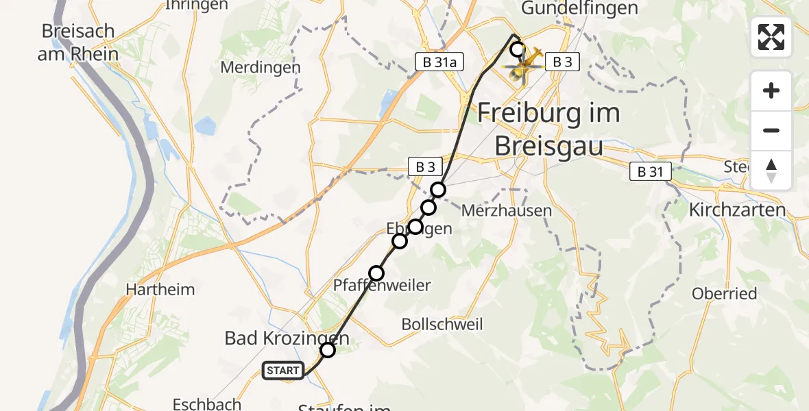 Flugroute Rettungshubschrauber Bad Krozingen - Freiburg im Breisgau Flugplatz, 03 Mai 2026, 18:22