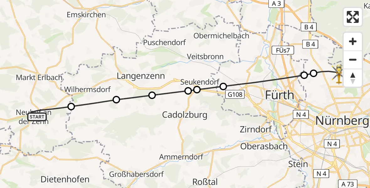 Flugroute Rettungshubschrauber Neuhof a.d.Zenn - Flughafen Nuremberg, 03 Mai 2026, 18:30