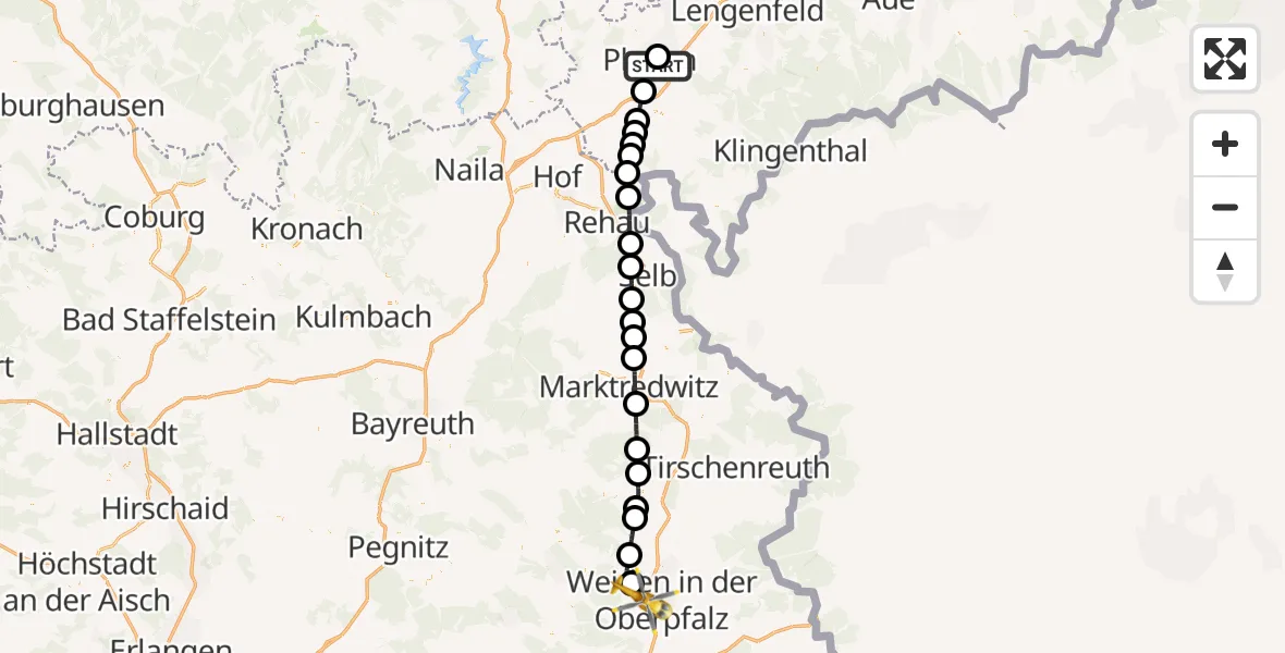 Flugroute Rettungshubschrauber Helios Clinic Plauen - Weiden in der Oberpfalz Flugplatz, 03 Mai 2026, 18:30