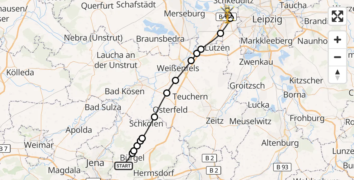 Flugroute Rettungshubschrauber Bürgel - ADAC Air Rescue Station Leipzig/Schkeuditz-Dölzig Hubschrauberlandeplatz (Christoph 61), 03 Mai 2026, 18:33