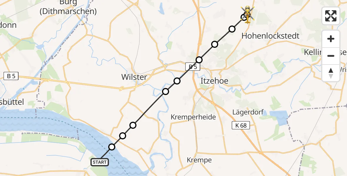 Flugroute Rettungshubschrauber Freiburg (Elbe) - Itzehoe Hungriger Wolf Flugplatz, 03 Mai 2026, 18:43