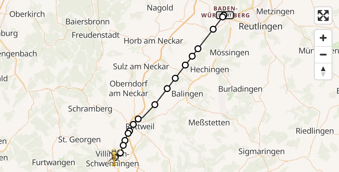 Flugroute Ambulanzhubschrauber Tübingen University Hospital - DRF Air Rescue Station Villingen-Schwenningen Hubschrauberlandeplatz (Christoph 11), 03 Mai 2026, 18:45