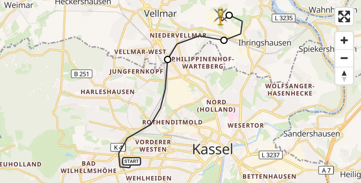 Flugroute Rettungshubschrauber Kassel - Fuldatal Bundespolizei Hubschrauberlandeplatz, 03 Mai 2026, 18:46