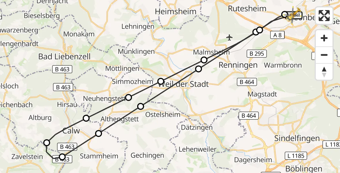 Flugroute Rettungshubschrauber Leonberg Hospital - Leonberg Hospital, 03 Mai 2026, 18:46