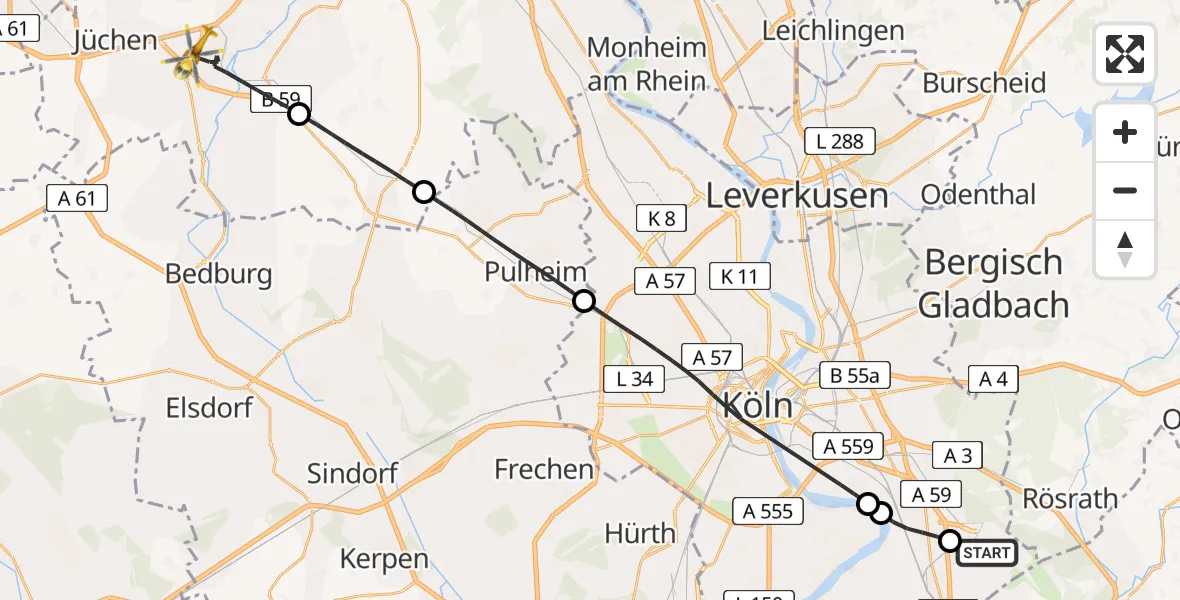 Flugroute Rettungshubschrauber Köln Bonn Flughafen - Grevenbroich, 03 Mai 2026, 18:57