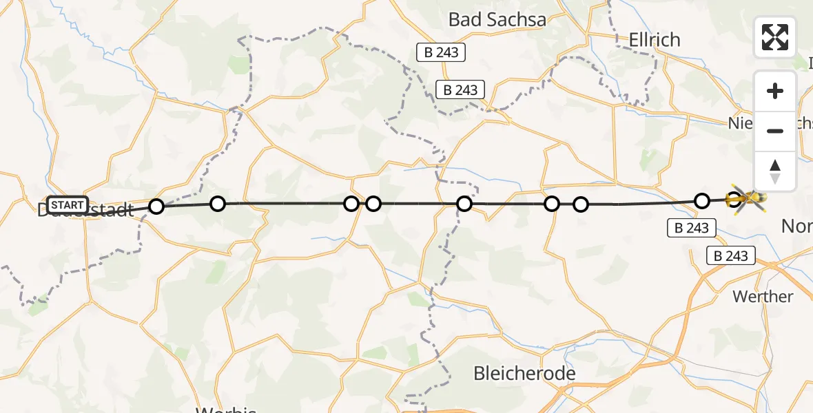 Flugroute Rettungshubschrauber Duderstadt - Nordhausen, 03 Mai 2026, 19:10
