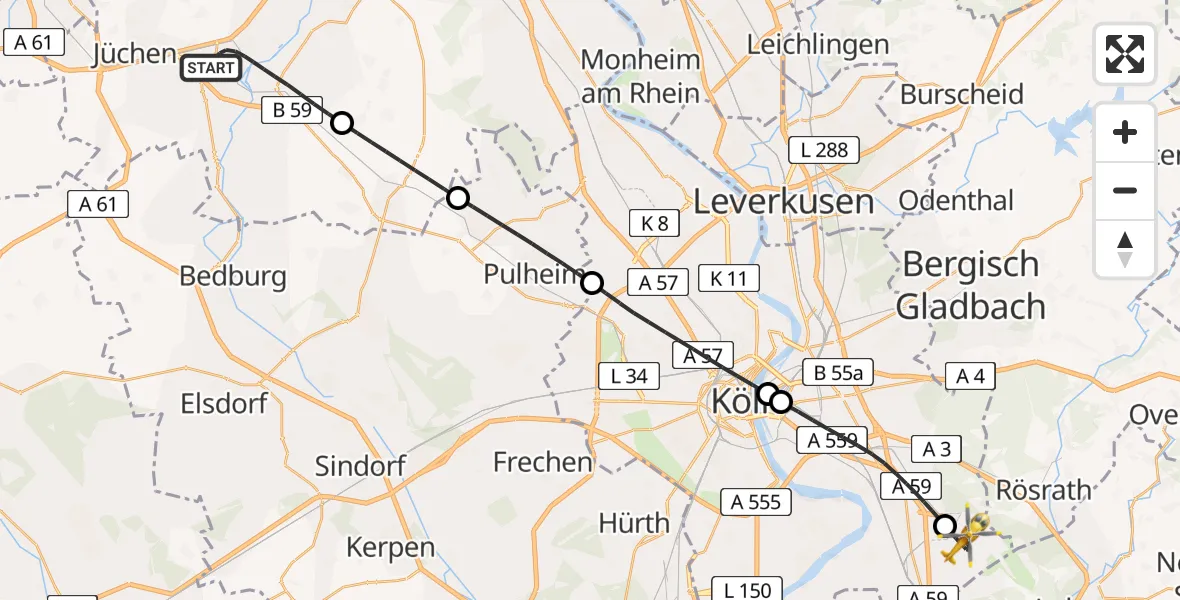 Flugroute Rettungshubschrauber Grevenbroich - Köln Bonn Flughafen, 03 Mai 2026, 19:44