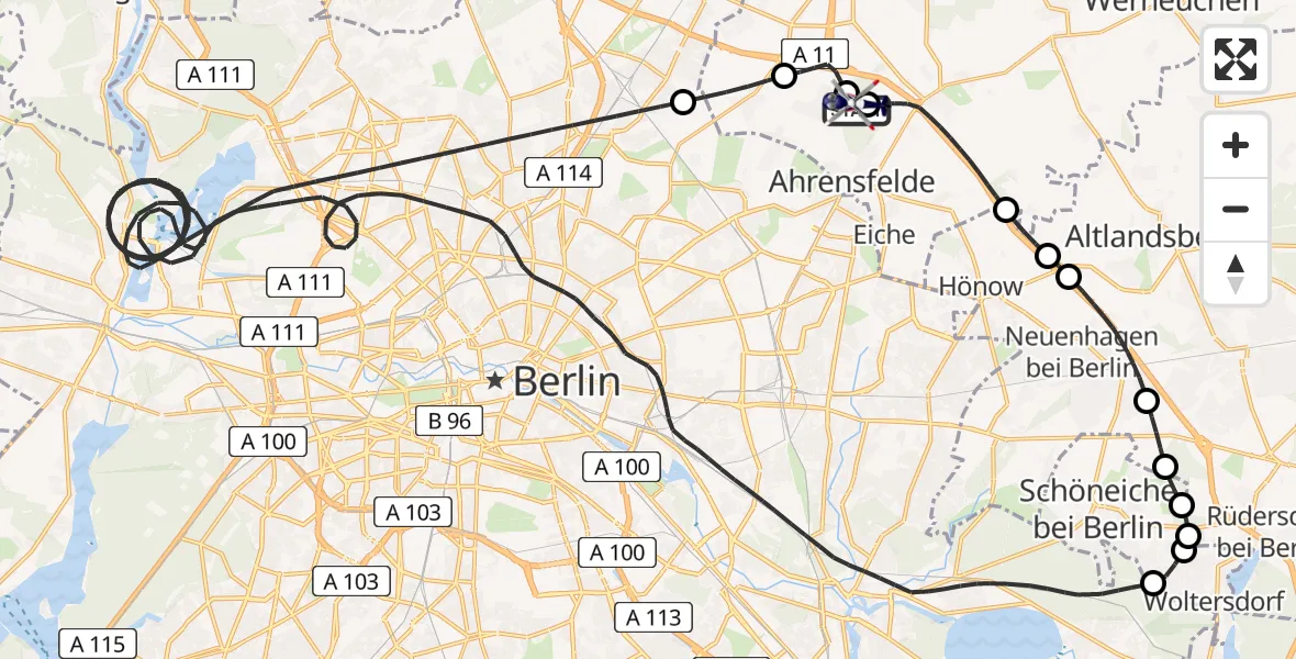 Flugroute Polizeihubschrauber Ahrensfelde Hubschrauberlandeplatz - Ahrensfelde Hubschrauberlandeplatz, 03 Mai 2026, 20:13