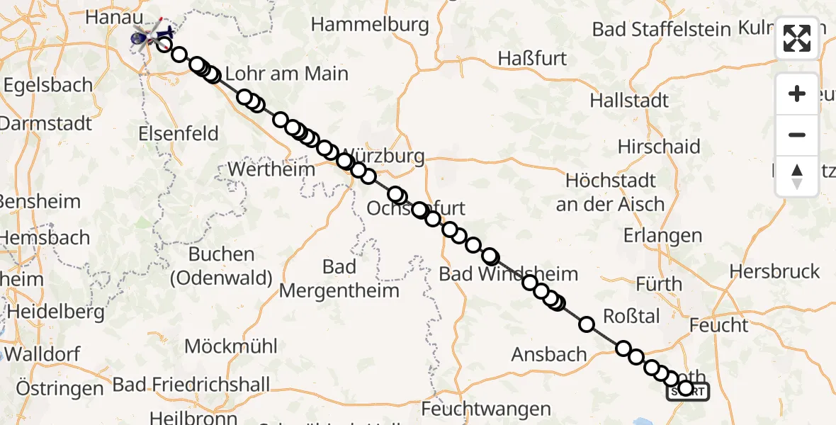 Flugroute Polizeihubschrauber Flugplatz Roth - Alzenau, 03 Mai 2026, 20:27