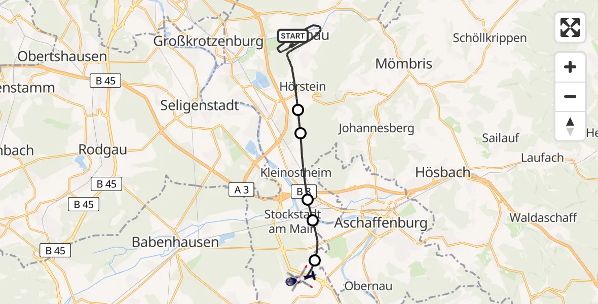 Flugroute Polizeihubschrauber Alzenau - Großostheim, 03 Mai 2026, 22:00