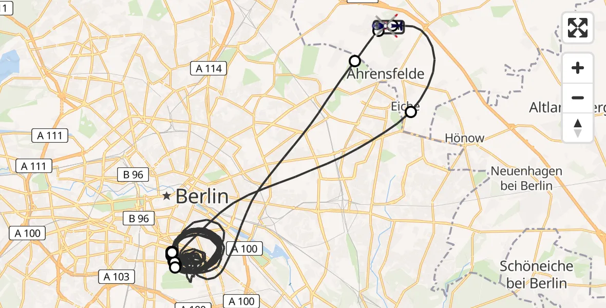 Flugroute Polizeihubschrauber Ahrensfelde Hubschrauberlandeplatz - Ahrensfelde Hubschrauberlandeplatz, 03 Mai 2026, 22:07