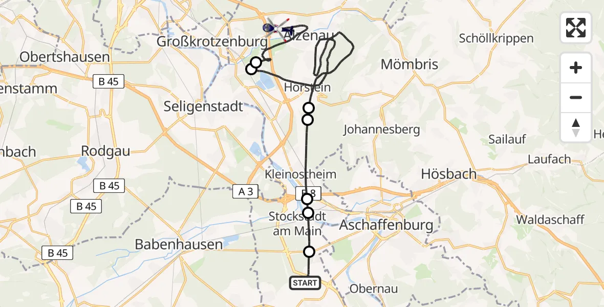 Flugroute Polizeihubschrauber Großostheim - Alzenau, 03 Mai 2026, 22:59
