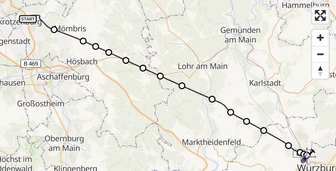 Flugroute Polizeihubschrauber Alzenau - Würzburg-Schenkenturm Flugplatz, 03 Mai 2026, 23:48
