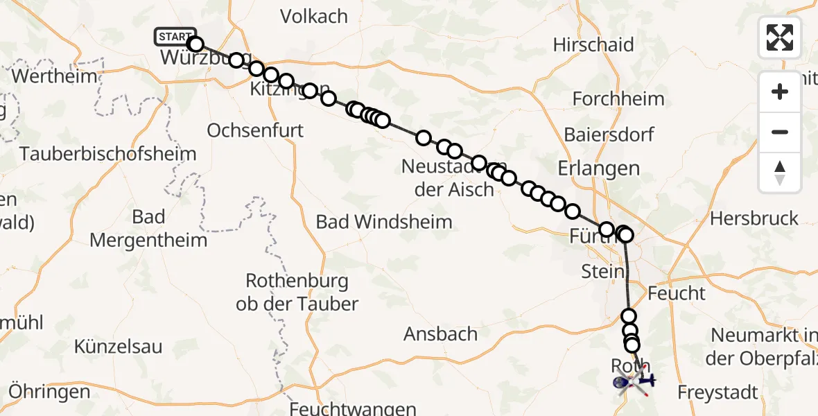 Flugroute Polizeihubschrauber Margetshöchheim - Flugplatz Roth, 04 Mai 2026, 00:26