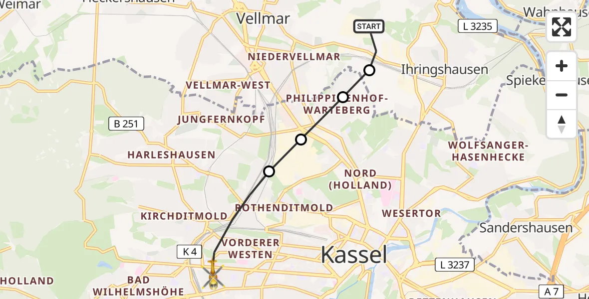 Flugroute Rettungshubschrauber Fuldatal Bundespolizei Hubschrauberlandeplatz - Kassel, 04 Mai 2026, 04:59