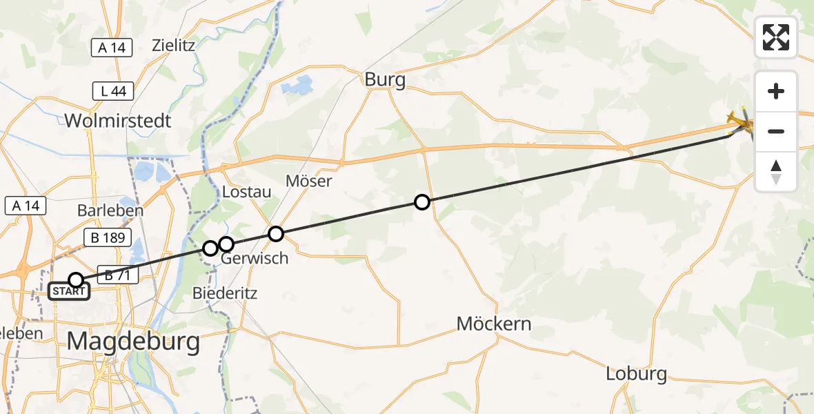 Flugroute Rettungshubschrauber Magdeburg Hospital - Möckern, 04 Mai 2026, 05:04