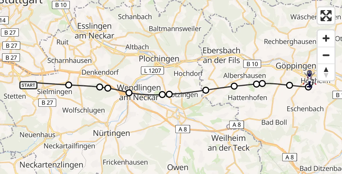 Flugroute Polizeihubschrauber Flughafen Stuttgart - Göppingen, 04 Mai 2026, 05:04