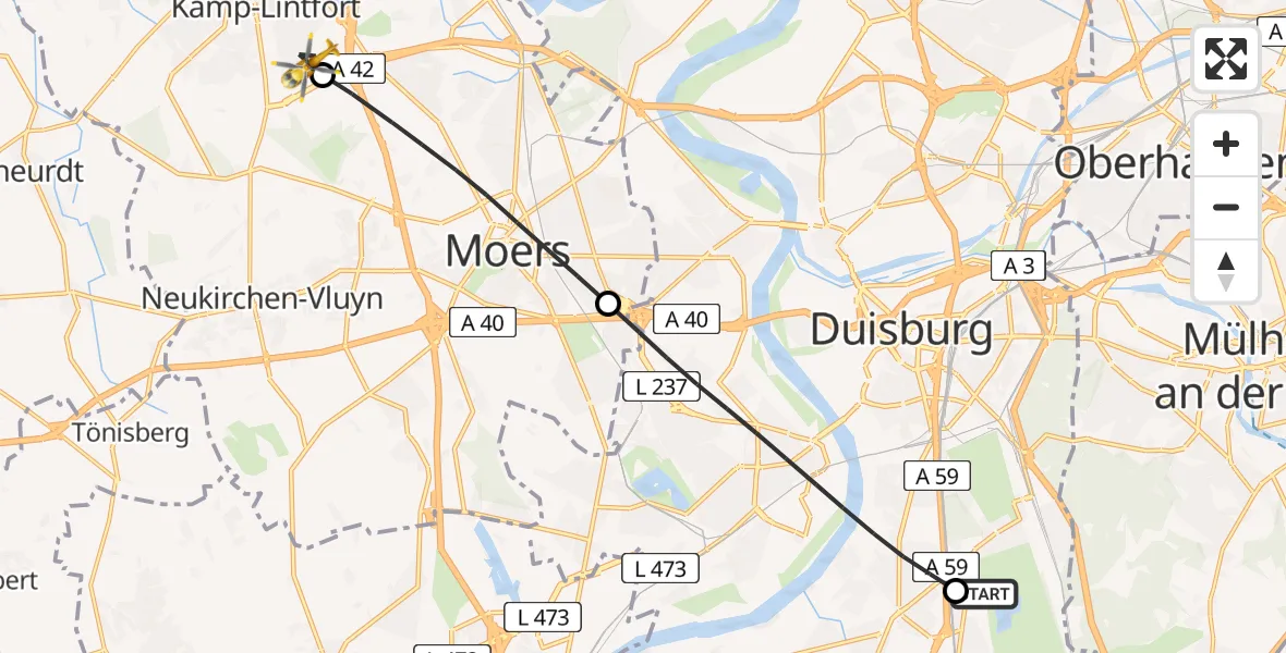 Flugroute Rettungshubschrauber Duisburg Air Rescue Hubschrauberlandeplatz (Christoph 9) - Kamp-Lintfort, 04 Mai 2026, 05:10