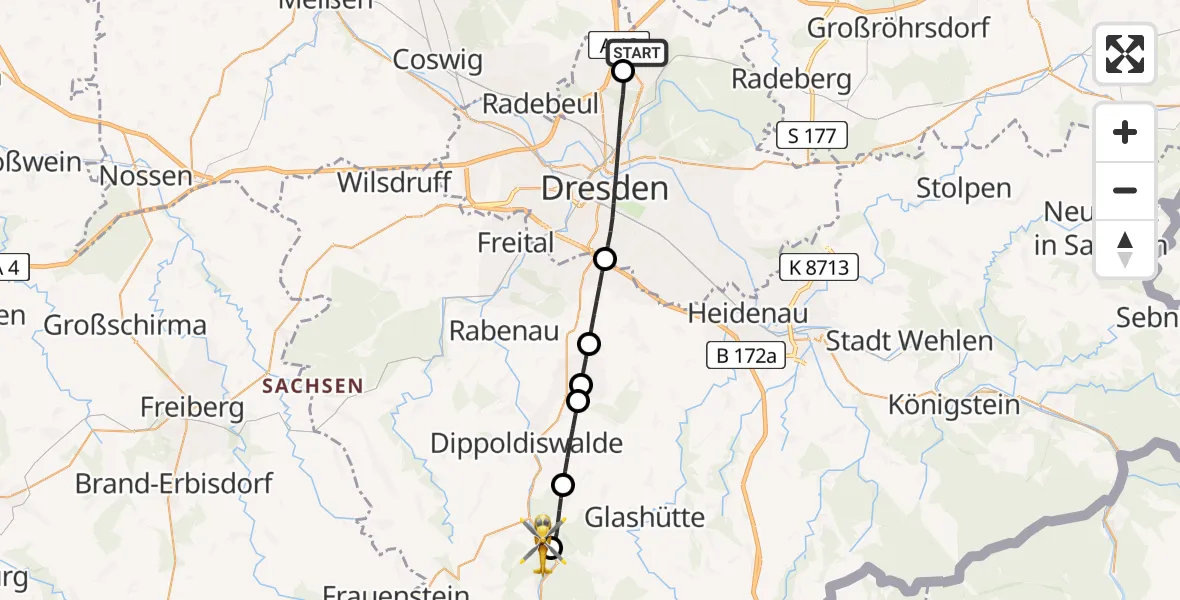 Flugroute Rettungshubschrauber Dresden Flughafen - Dippoldiswalde, 04 Mai 2026, 05:27