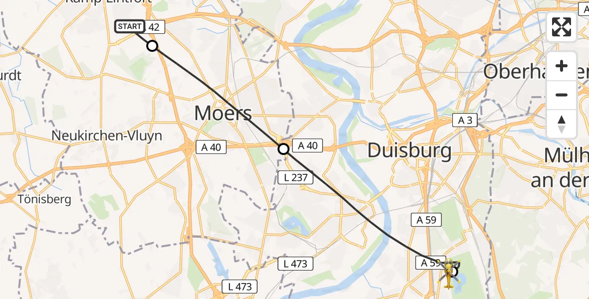 Flugroute Rettungshubschrauber Kamp-Lintfort - Duisburg Air Rescue Hubschrauberlandeplatz (Christoph 9), 04 Mai 2026, 05:41