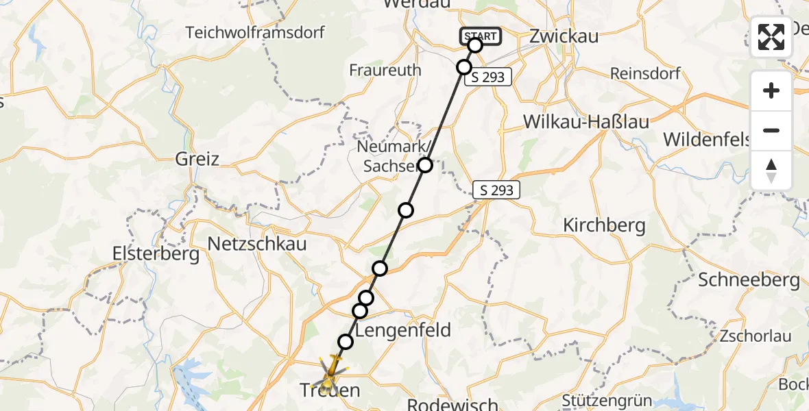 Flugroute Rettungshubschrauber ADAC Air Rescue Station Zwickau Hubschrauberlandeplatz - Treuen, 04 Mai 2026, 05:45