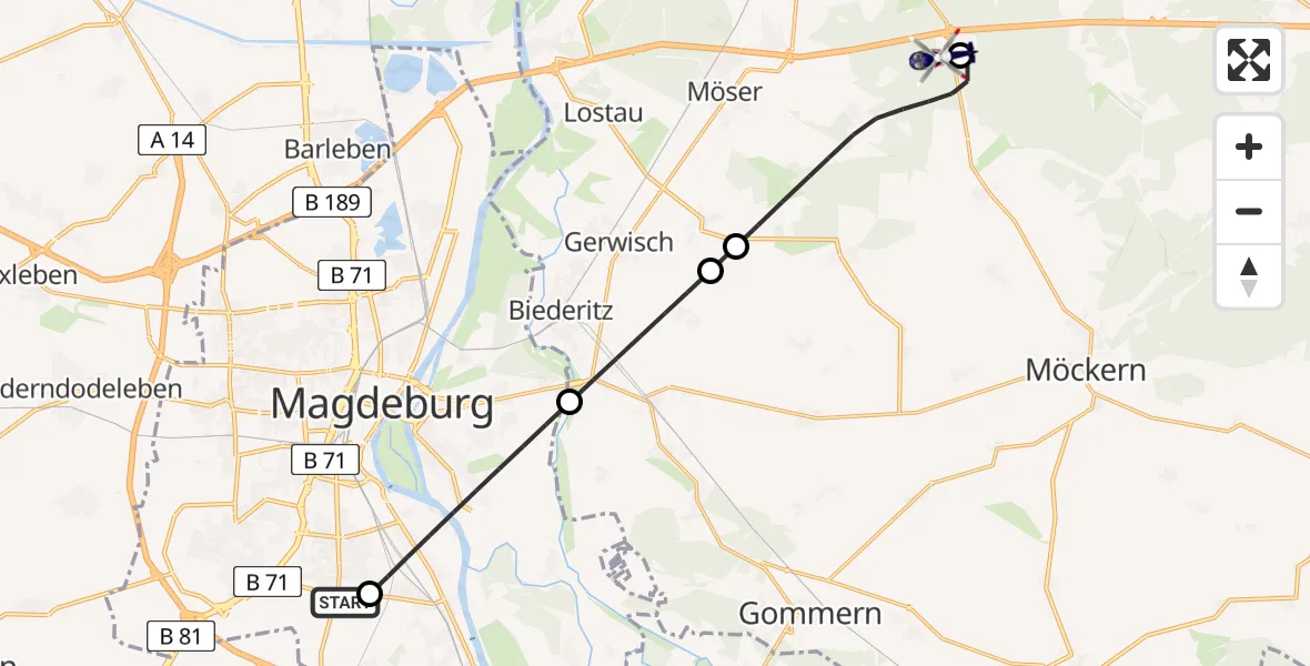 Flugroute Polizeihubschrauber Magdeburg City Flugplatz - Burg, 04 Mai 2026, 05:47