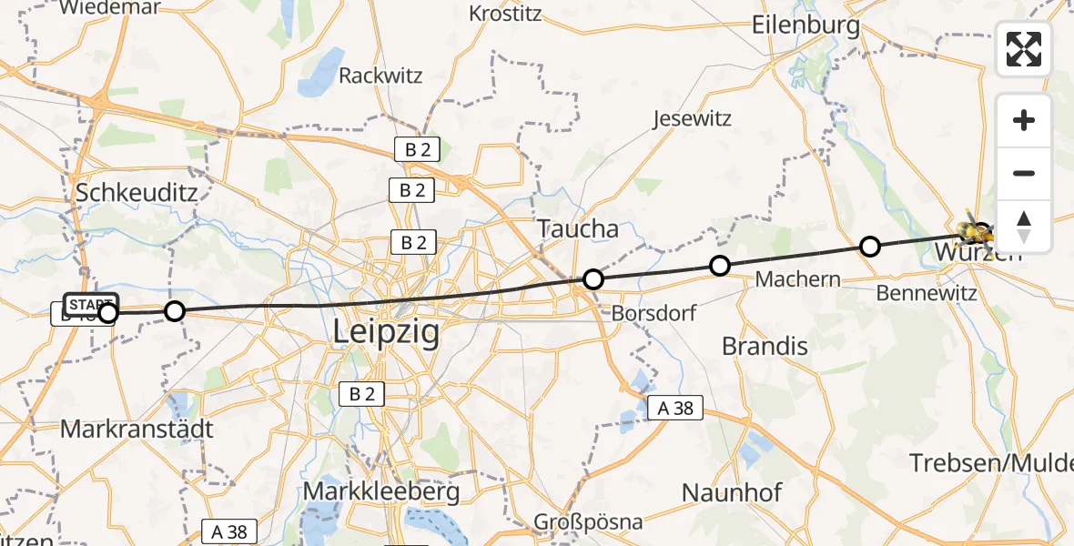 Flugroute Rettungshubschrauber ADAC Air Rescue Station Leipzig/Schkeuditz-Dölzig Hubschrauberlandeplatz (Christoph 61) - Wurzen, 04 Mai 2026, 05:51