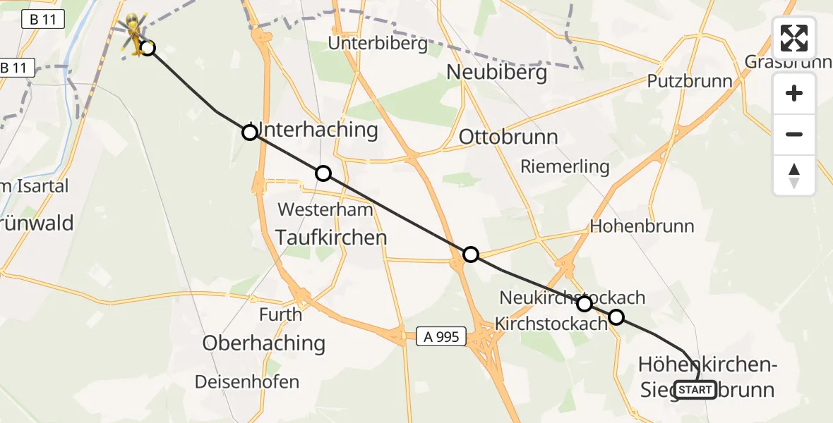 Flugroute Rettungshubschrauber Höhenkirchen-Siegertsbrunn - ADAC Air Rescue Center Hubschrauberlandeplatz (Christoph 1), 04 Mai 2026, 05:52